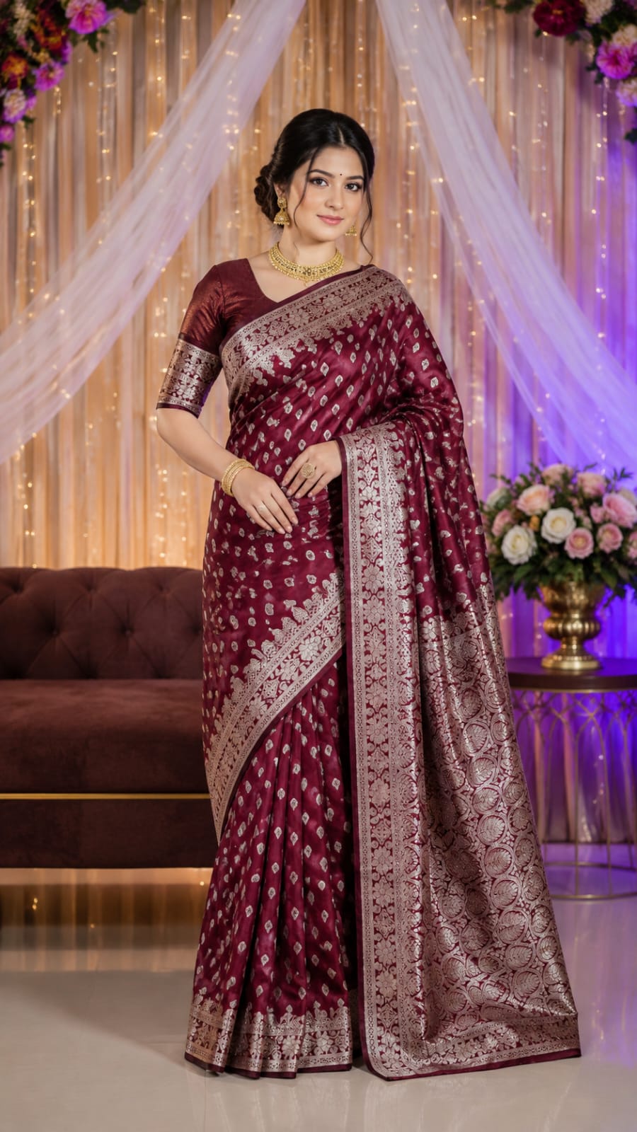 এলিগেন্স কাতান শাড়ি ( রং: হট মেরুন)
